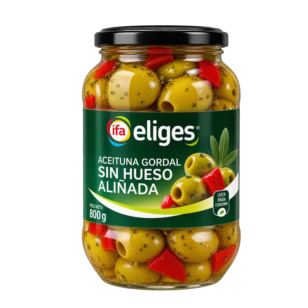 1017000056 Aceitunas manzanilla s/h aliñadas c/pimiento rojo y ajo (Ifa Eliges) 200 g - MercoCaribe